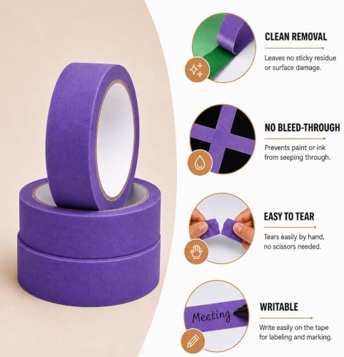 3 Rolls Purple Masking Tape 1 Inch Wide, Painters Tape 1 inch x 25 Yards