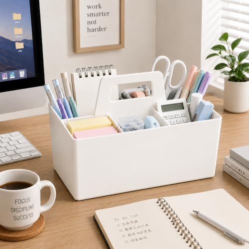 Multipurpose Caddy Organizer with Handle Plastic Desk Storage, White