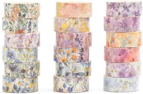 18 Rolls Blossom Washi Tape Set Floral Arts Adhesive Tapes Flowers Garden Decorative Masking Tape Set for Craft, Kids, Scrapbook, DIY, Gift Wrapping (Lavender Dream)