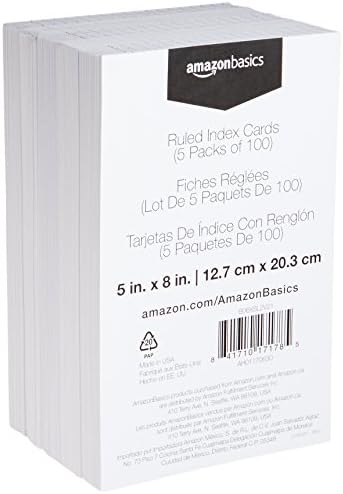 Amazon Basics Ruled Lined Index Cards for Studying and Note Taking, White, 5" x 8", 500 Count (5 Pack of 100)