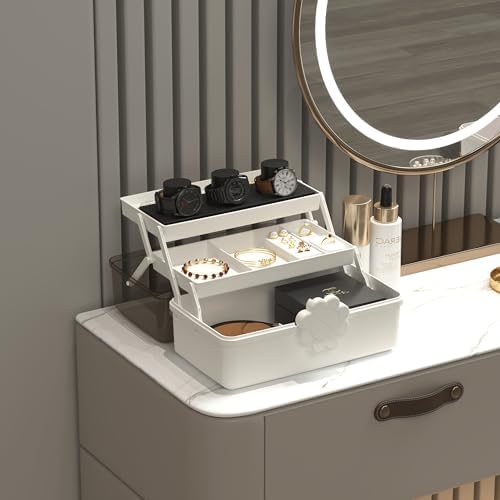 Covetree Hair Accessories Organizer with Handle, Lockable Three-Layer Multipurpose Art Supplies Storage Box and Plastic Jewelry Box, Sewing Organizer (White)