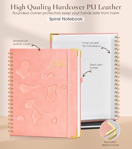 Hardcover Spiral Notebook Journal 8.5” x 11”, A4 Large Leather Notebooks for Women Men, Lined College Ruled Notebook, 100 GSM Paper, Spiral Bound Journals for Work School Note Taking Business, Pink