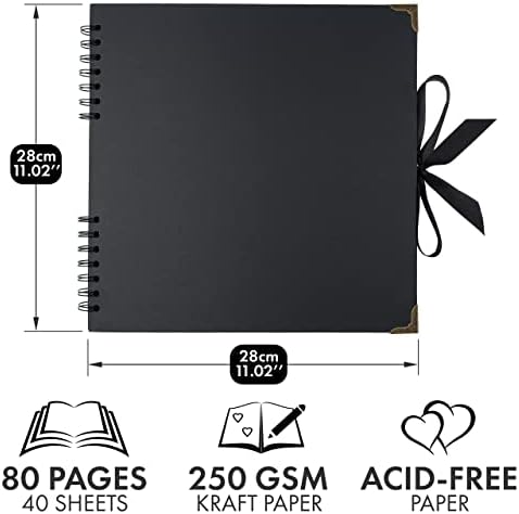 Scrapbook Album, 80 Pages, 11 x 11 Inch, Black Photo Album, Scrap Book | Hardcover with Thick 250 GSM Kraft Paper, Ideal for Your Scrapbooking Albums, Art & Craft Projects (Black, 11 x 11 Inch)