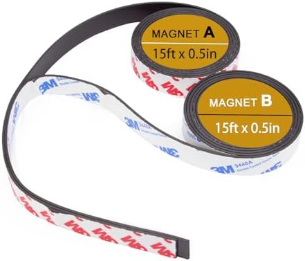 A+B Magnetic Tape with Adhesive Backing, (15ft x 0.5in x 2Pack) a b Paired Flexible Magnet Strips Match to Use for DIY Crafting