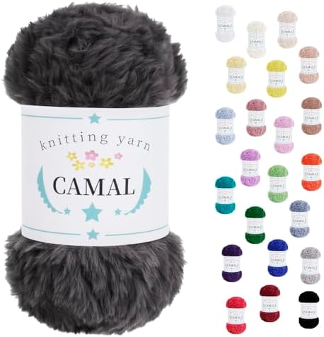 CAMAL Soft Faux Fur Yarn for Crocheting Blanket, 65 Yards Chunky Eyelash Yarn for Knitting Hats, 100 Grams Fuzzy Velvet Crochet Thread for Dolls, Earmuffs, Bags (Gray)