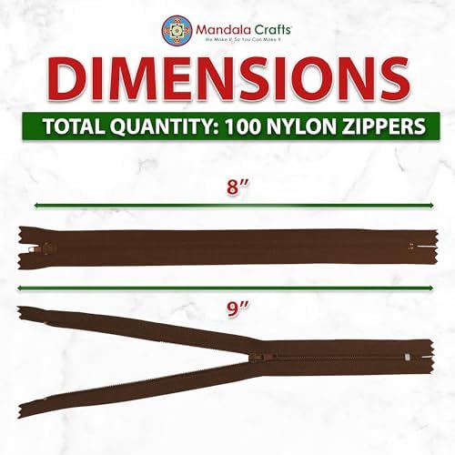 Mandala Crafts 100 PCs Dark Brown Closed-End 8 in Nylon Zippers for Sewing