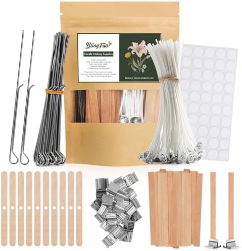 Candle Making Supplies Kit - Natural Cotton & Wooden Wicks with Stickers, Sustainers, Holders for Soy Wax, Beeswax, Coconut Wax DIY Candle Making Supplies (Pack of 6)