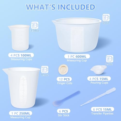 KISREL Silicone Measuring Cup for Resin, Resins Supplies with 600ML+250ML+ 100ML Cups, Resin Mixing Cups, Silicone Stir Sticks, Epoxy Mixing Cup