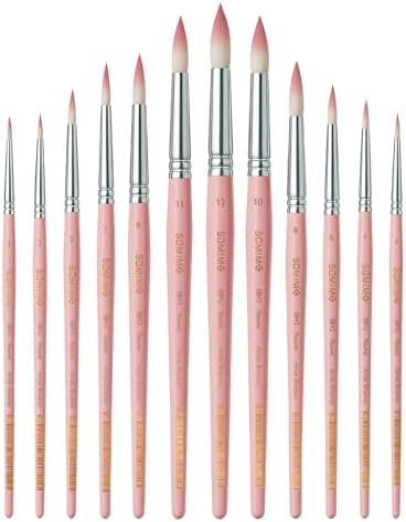 12 Pcs Round Professional Artist Watercolor Paint Brush Set, Pink