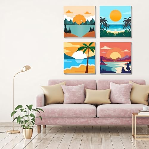 FQOVKYN 4 Framed Landscape DIY Paint by Numbers Kit for Adults Beginner, Sunset Easy Painting by Number with Frame, Acrylic Paint Kit Arts and Crafts for Adults for Decor 8x8inch