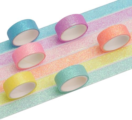 Glitter Washi Tape Set 6 Rolls Sparkling Foil Decorative Sprinkle Colored Masking Tapes for Arts, DIY Crafts, Journals, Planners, Scrapbook, Wrapping (6 Colors)
