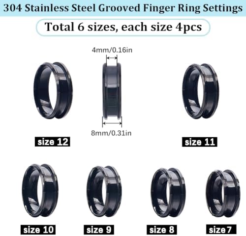 SUNNYCLUE 1 Box 24Pcs Stainless Steel Black Finger Ring Blank Core Inlay Round Grooved Rings Blank US Size 7/8/9/10/11/12 Empty Finger Findings for Jewelry Making Kits Men Women DIY Craft Supplies