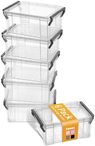 Sooez 6 Pack Small Plastic Containers with Lids, 6.4" x 4.4" x 2.7" | Clear Crayon Box Pencil Case, Stackable Stroage Organizer for Beads Craft Art Supplies, Storage Bins for Jewelry Stickers