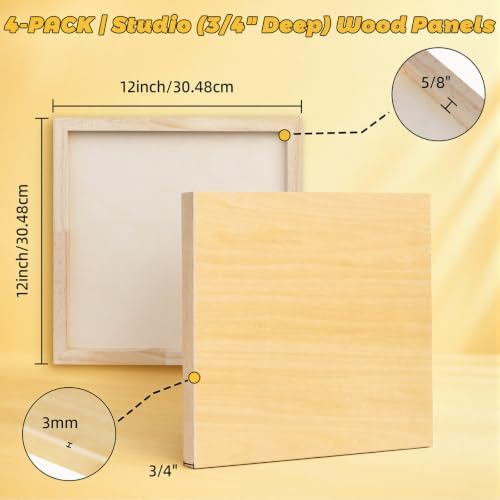 4 Pack 12x12 Basswood Wood Canvas Board – Studio 3/4'' Deep Cradled Wood Panels for Painting, Crafts, Oil & Resin Art - Sturdy Wood Painting Boards for Artists and DIY Crafters