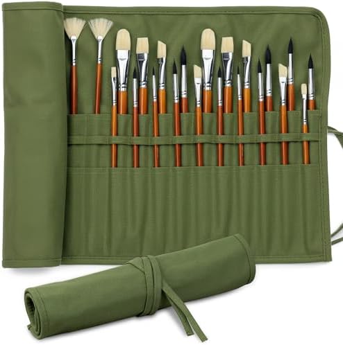 DUGATO 30-Slot Roll-Up Canvas Brush Holder with Lay-Flat Design, Army Green