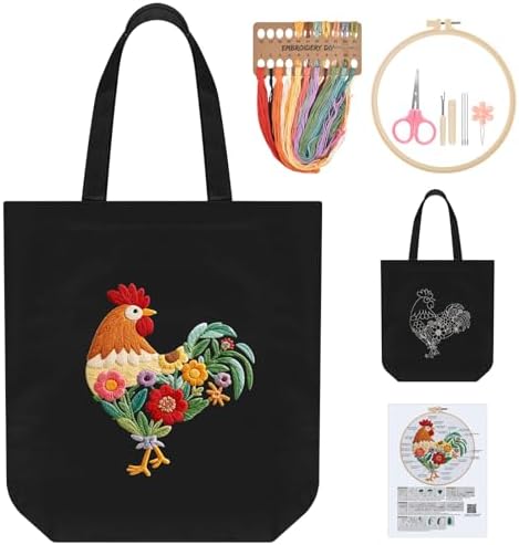ERKOON Canvas Tote Bag Embroidery Kit for Beginners, Needlepoint Arts Crafts Cross Stitch Kits for Adults Including Stamped Embroidery Bag with Hoops, Needle, Instruction and Color Threads (Rooster)