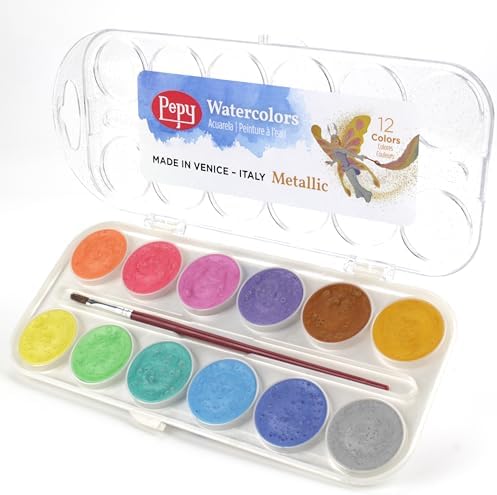 Pepy Watercolor Paint; Set of 12 Colors; Includes Brush & Closable Mixing Tray, Metallic Pearlescent Multicolor