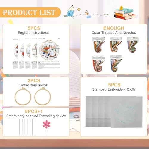 CMINAUS 5 Sets Embroidery Kit for Beginners Adults Book Lover, Embroidery Starter Kit Book Pattern Hand Crewel Needlepoint Cross Stitch Kits Includes 2 Hoops Colored Threads Needles