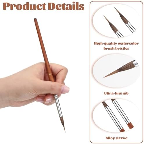 2 Pcs Extended Needle Point Watercolor Brushes, 8.6 & 8.8 Inch Synthetic Extra Long Pinhead Liner Brush, Fine Tip Paintbrush for Watercolor Acrylic Gouache Ink Painting (Wood Color)