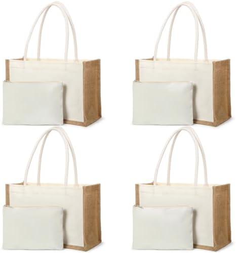 4 Sets Burlap Tote Bag, Jute Tote Bag with Canvas Makeup Pouch Reusable DIY Craft Blank Gift Bags for Wedding Bridesmaid, Shopping, Pool, Wedding (Beige)