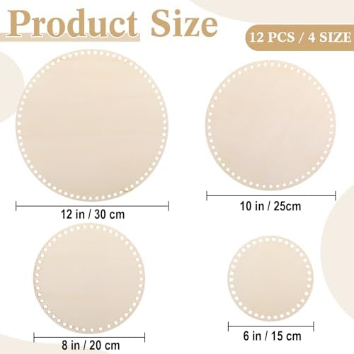 Fanfanwin 12 Pcs Wooden Basket Bottom Moses Crochet Basket Round Base Unfinished Wood Knitting Base for DIY Craft Weaving Making Supplies Home Decoration(6/8/10/12 Inches)