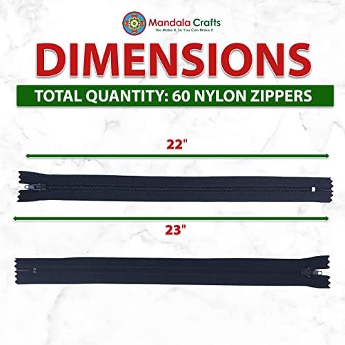 Mandala Crafts 60 PCs Navy Blue Closed-End 22 Inch Nylon Zippers for Sewing