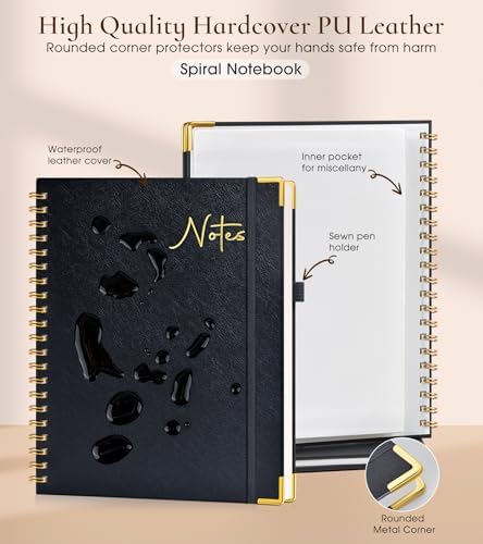 Hardcover Spiral Notebook Journal 8.5” x 11”, A4 Large Leather Notebooks for Women Men, Lined College Ruled Notebook, 100 GSM Paper, Spiral Bound Journals for Work School Note Taking Business, Black