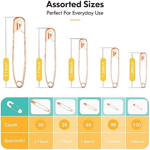 340 Pack Safety Pins Assorted, 5 Different Sizes Small & Large, Rose Gold