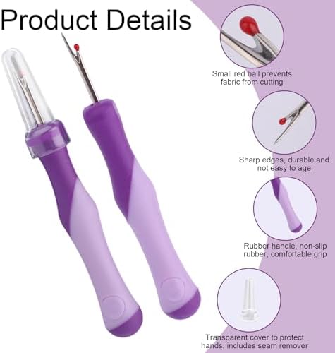 3pcs Seam Ripper, Stitch Remover Tool with Safety Caps and Small Red Ball for Hand Sewing Knitting Cross Stitch Embroidery Thread Removal(Purple)