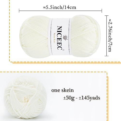 NICEEC 300g Soft Assorted Colors Yarn 100% Acrylic 870yds -White
