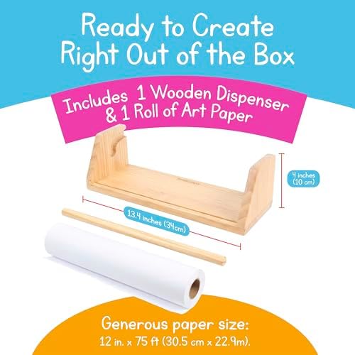 Wooden Kids Paper Roll Dispenser with 12" x 75 ft Art Paper Roll – Tabletop Easel for Drawing, Painting & Crafts – Smooth Easy-Pull Holder for Creative Play – 7 Days of Play