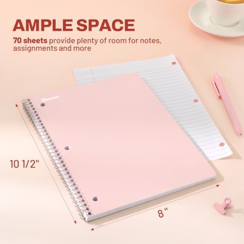 SUNEE Spiral Notebooks, 1-Subject, 10 Pack, College Ruled Paper, 8" x 10-1/2", 70 Sheets per Notebook,3-Hole Punched Paper, Pink,Purple, Blue, Green, Yellow Spiral Lined Notebooks for School,Work