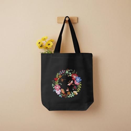 ERKOON Canvas Tote Bag Embroidery Kit for Beginners, Floral Arts Crafts Cross Stitch Kits for Adults Including Stamped Embroidery Bag with Hoops, Needle, Instruction and Color Threads(Wreath)