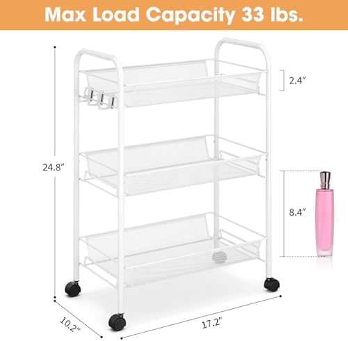 TOOLF 3 Tier Rolling Cart, Metal Utility Storage Cart with Wheels, White | 3 Hooks, Screwless Assembly, Trolley Organizer for Bathroom, Kitchen, Office, Nursery, Dorm, Laundry Room