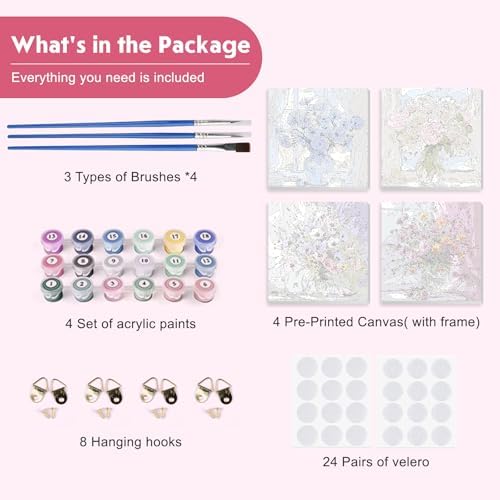 NEWENMO 4 Pack Paint by Numbers for Adults with Wooden Framed, Wildflowers in Vase, Paint by Number Kits on Canvas for Beginner, DIY Acrylic Oil Painting Kits for Home Decor 8x8 inch, Colorful Flowers
