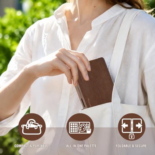 24-Grid Empty Travel Watercolor Palette Box, Fuumuui All-in-One Walnut Wood Palette Tray Kit, Mini Portable Sketchbox for Plein Air Painting with Three Ends Travel Brush and Watercolor Cup