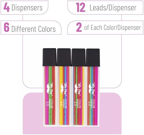 Mr. Pen- 2.0 mm Lead Refills, 48 Pack (12 per Tube), Colorful, 90 mm Length