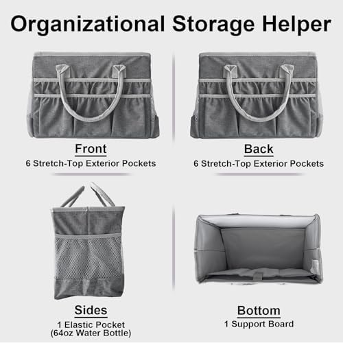 Cupohus Craft Organizer Tote Bag – Craft Caddy with 2 Mesh Side Pockets & Front Elastic Pockets, Foldable Large Capacity Supply Storage Bag for Sewing, Knitting, Painting, and Travel (Grey)