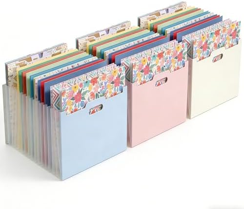 12x12 Scrapbook Paper Storage Organizer with 13 Expandable Pocket, Large Scrapbook Paper Storage for Craft Room Sticker Storage and Organization, Desktop Paper Holder (3 Pcs, Blue+Cream+Pink)