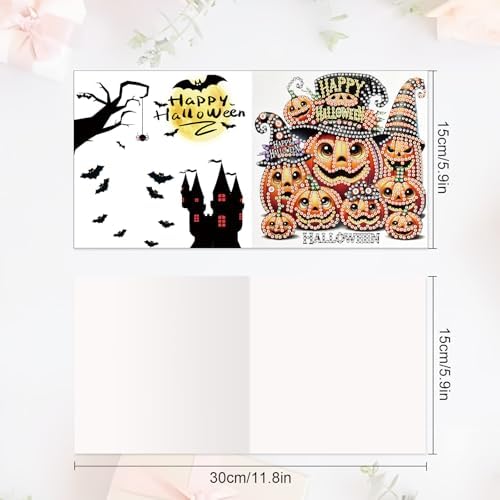 antor 6 Pack Halloween Pumpkin Diamond Painting Card Kits, DIY 5D Rhinestone Halloween Diamond Art Greeting Cards with Envelopes, Handmade Pumpkin Diamond Art Craft Kits for Adults Beginners