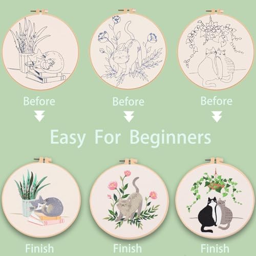 Ohcol 3 Sets Cat Embroidery Kit,Needlepoint Kits for Adults Beginner,Needle Point Sets with Washable Pre-Printed Pattern,1 Hoop,Women Hand Crafts