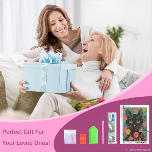 Black Cat Diamond Art Kits for Adults, 5D Wild Flower Cat Diamond Painting