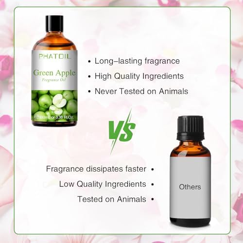 PHATOIL Green Apple Fragrance Oil for Diffuser Aromatherapy 3.38FL.OZ | Long Lasting Scented Oils For Humidifier, Air Freshener, DIY Soap Candle, Scent Project Making, Aroma Oil for Home Freshening