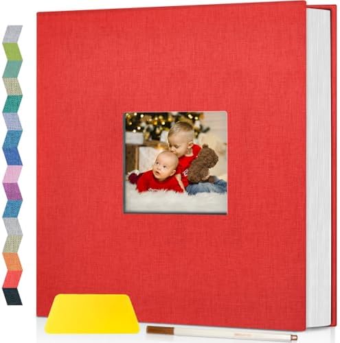 Popotop Photo Album Self Adhesive with Picture Display Window,60 Pages DIY Scrapbooking Supplies Kit for 4x6 10x12 Picture,Linen Cover Memory Book for Baby Wedding, with Scraper and Metallic Pen