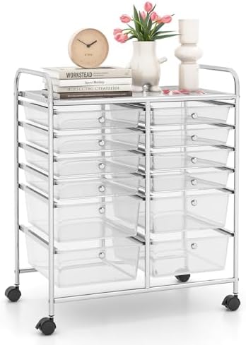 LDAILY 12 Drawer Rolling Storage Cart, Craft Cart Organizer on Wheels w/Metal Frame, Large Capacity & Smooth Drawer, Rolling Cart w/Drawers for Classroom, Office