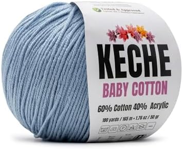 Keche Baby Cotton, 60% Cotton 40% Acrylic Yarn, Soft Cotton Yarn for Crochet and Knitting, Amigurumi Yarn 1 Skein/Ball 1.76 Oz (50g) / 180 Yrds (165m) - Light Blue