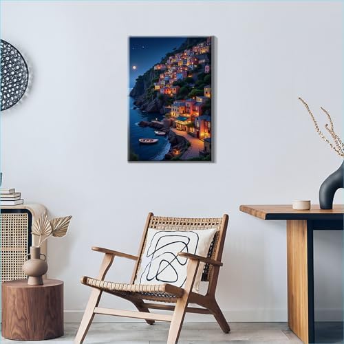 HeeBenor Framed Paint by Numbers Kit for Adults, Seaside Town Paint by Number with Easel, DIY Landscape Oil Painting by Number, Adult Paint by Number Kits Framed Canvas for Home Wall Decor 8x12 Inch