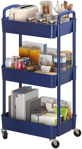 Sywhitta 3-Tier Plastic Rolling Utility Cart with Wheels for Storage,Blue
