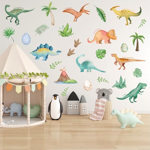 AOWDIAO Watercolor Dinosaur Wall Decals - 28 Pcs Peel and Stick Dino Decor for Boys’ Bedroom, Nursery & Classroom