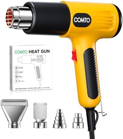 Heat Gun, 1600W Hot Air Gun with 2 Heat Settings, Yellow | 752°F/1112°F Dual Heat Control, 4 Metal Nozzles, Overheat Protection, PA66 Housing, 1.1lb Lightweight Design, Non-Slip Grip